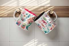 Watercolor illustration of mermaid marine life seahorse starfish vibrant corals design wrap sublimation for customize mug