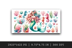 Watercolor illustration of mermaid marine life seahorse starfish vibrant corals design wrap sublimation for customize mug