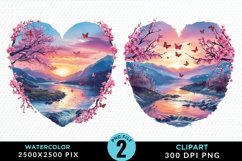 Watercolor Japanese Landscape Heart Clipart Product Image 1