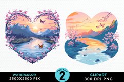 Watercolor Japanese Landscape Heart Art Clipart Product Image 1