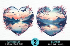 Watercolor Japanese Landscape Heart Art Clipart Product Image 1