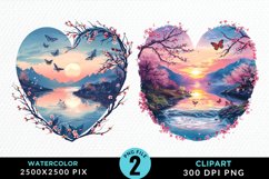 Watercolor Japanese Landscape Heart Clipart Product Image 1