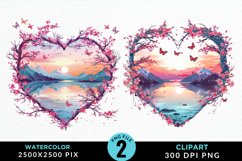 Watercolor Japanese Landscape Heart Art Clipart Product Image 1