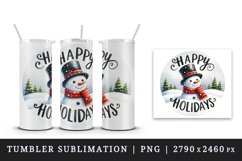 Watercolor jolly Christmas snowman scarf round Happy Holidays quote print 20 oz tumbler skinny mug wrap clipart t-shirt sublimation printable design