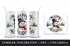 Watercolor jolly Christmas snowman scarf round Happy Holidays quote print 20 oz tumbler skinny mug wrap clipart t-shirt sublimation printable design