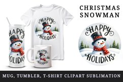 Watercolor jolly Christmas snowman scarf round Happy Holidays quote print 20 oz tumbler skinny mug wrap clipart t-shirt sublimation printable design