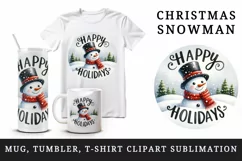 Watercolor jolly Christmas snowman scarf round Happy Holidays quote print 20 oz tumbler skinny mug wrap clipart t-shirt sublimation printable design