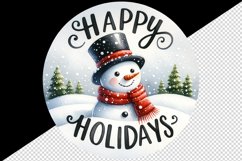 Watercolor jolly Christmas snowman scarf round Happy Holidays quote print 20 oz tumbler skinny mug wrap clipart t-shirt sublimation printable design