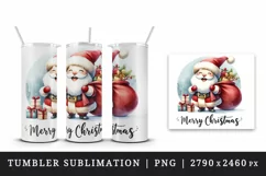 Watercolor jolly Santa Claus carrying sack gifts Merry Christmas quote print 20oz tumbler skinny mug wrap clipart t-shirt sublimation printable design