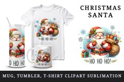 Watercolor jolly Santa Claus sack full gift snowflakes Ho Ho Ho quote print 20 oz tumbler skinny mug wrap clipart t-shirt sublimation printable design