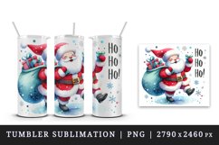Watercolor jolly Santa Claus sack full gifts snowflake Ho Ho Ho quote print 20 oz tumbler skinny mug wrap clipart t-shirt sublimation printable design