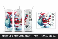 Watercolor jolly Santa Claus sack full gifts snowflake Ho Ho Ho quote print 20 oz tumbler skinny mug wrap clipart t-shirt sublimation printable design