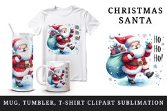Watercolor jolly Santa Claus sack full gifts snowflake Ho Ho Ho quote print 20 oz tumbler skinny mug wrap clipart t-shirt sublimation printable design