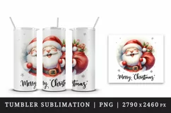 Watercolor jolly Santa Claus sack of gifts Merry Christmas quote print 20 oz tumbler skinny mug wrap clipart t-shirt sublimation printable design