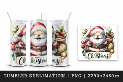 Watercolor jolly Santa Claus sack of gifts Merry Christmas quote print 20 oz tumbler skinny mug wrap clipart t-shirt sublimation printable design