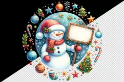 Watercolor jolly snowman holding sign festive decorations circular print 20 oz tumbler skinny mug wrap clipart t-shirt sublimation printable design