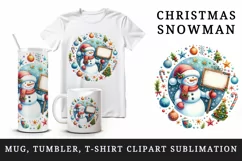 Watercolor jolly snowman holding sign festive decorations circular print 20 oz tumbler skinny mug wrap clipart t-shirt sublimation printable design