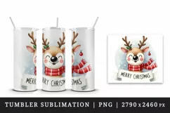 Watercolor joyful reindeer wearing scarf Merry Christmas quote print 20 oz tumbler skinny mug wrap clipart t-shirt sublimation printable design