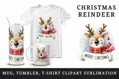 Watercolor joyful reindeer wearing scarf Merry Christmas quote print 20 oz tumbler skinny mug wrap clipart t-shirt sublimation printable design