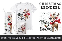 Watercolor joyful reindeer wears festive scarf Merry Christmas quote print 20 oz tumbler skinny mug wrap clipart t-shirt sublimation printable design