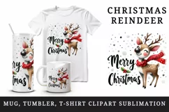 Watercolor joyful reindeer wears festive scarf Merry Christmas quote print 20 oz tumbler skinny mug wrap clipart t-shirt sublimation printable design