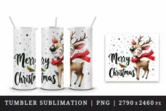 Watercolor joyful reindeer wears festive scarf Merry Christmas quote print 20 oz tumbler skinny mug wrap clipart t-shirt sublimation printable design