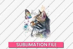 Watercolor Kitten and Butterfly, Cat Lover png, Colorful Product Image 1