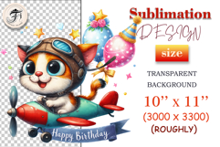Watercolor kitten aviator in airplane surrounded by balloons and stars – ideal for greeting cards and children’s party decor.
