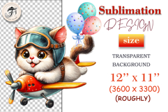Happy watercolor kitten flying a small airplane with decorations – great for festive stickers, T-shirts, and wall art.