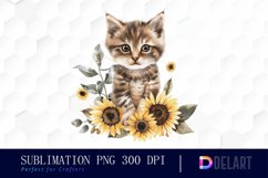 Kitten Sunflower Watercolor Clipart Product Image 1