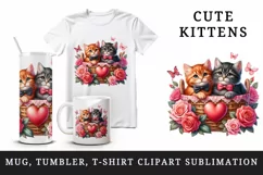 Watercolor kittens cats in basket heart roses flowers Valentine Day print 20 oz tumbler skinny mug wrap clipart t-shirt sublimation printable design