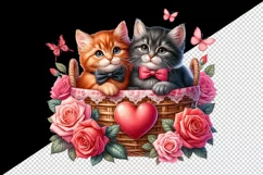 Watercolor kittens cats in basket heart roses flowers Valentine Day print 20 oz tumbler skinny mug wrap clipart t-shirt sublimation printable design