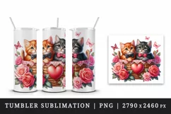 Watercolor kittens cats in basket heart roses flowers Valentine Day print 20 oz tumbler skinny mug wrap clipart t-shirt sublimation printable design