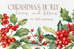 Christmas Holly berries &amp; leaves, Watercolor PNG clipart Product Image 1