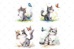 Cute Cat and Butterfly, Spring Floral Watercolor JPG clipart Product Image 2