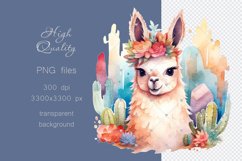 Cute Llama Alpaca and cactus flowers, Watercolor Sublimation Product Image 2