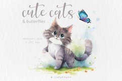 Cute Cat and Butterfly, Spring Floral Watercolor JPG clipart Product Image 1