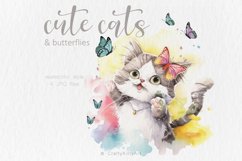 Cute Cat and Butterfly, Spring Floral Watercolor JPG clipart Product Image 1