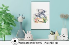cute baby koala sublimation clipart with a name tag shown on a nursey wall decor
