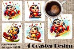 Watercolor Lady Bug Square Coaster PNG. Coaster Sublimation Product Image 1