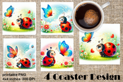 Watercolor Lady Bug Square Coaster PNG. Coaster Sublimation Product Image 1