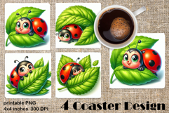 Watercolor Lady Bug Square Coaster PNG. Coaster Sublimation Product Image 1