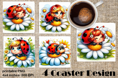 Watercolor Lady Bug Square Coaster PNG. Coaster Sublimation Product Image 1