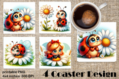 Watercolor Lady Bug Square Coaster PNG. Coaster Sublimation Product Image 1