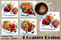 Watercolor Lady Bug Square Coaster PNG. Coaster Sublimation Product Image 1