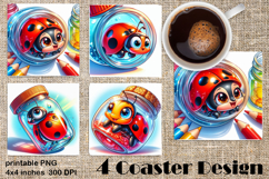 Watercolor Lady Bug Square Coaster PNG. Coaster Sublimation Product Image 1