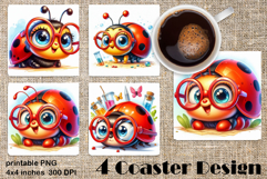 Watercolor Lady Bug Square Coaster PNG. Coaster Sublimation Product Image 1