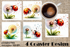 Watercolor Lady Bug Square Coaster PNG. Coaster Sublimation Product Image 1