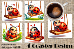 Watercolor Lady Bug Square Coaster PNG. Coaster Sublimation Product Image 1