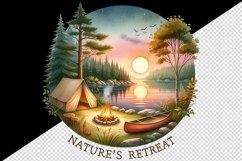 Watercolor lakeside camping sunset tent campfire Nature Retreat quote print 20 oz tumbler skinny mug wrap clipart t-shirt sublimation printable design